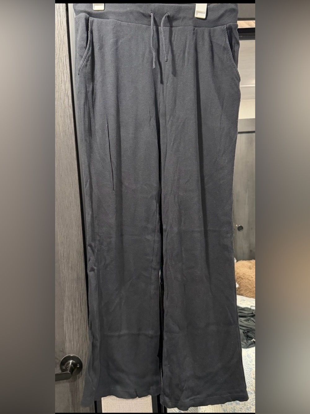 nuuds Micro Waffle Black Wide Leg Drawstring Pants